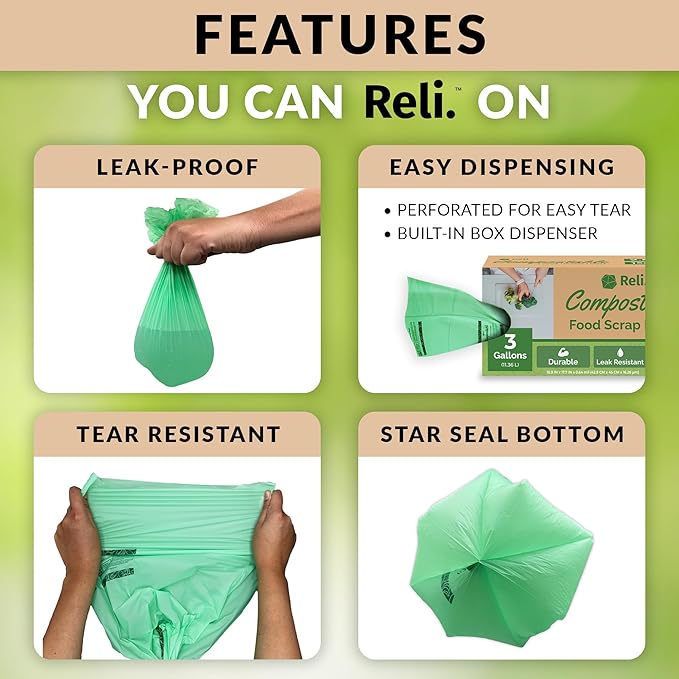 Reli. Compost Bags 3 Gallon (150 Count) | ASTM D6400 | Compostable Trash Bags for Food Scraps | Small Composting Liners for Kitchen Compost Bin/Countertop Bin | Green Eco for Food Waste 3 Gal