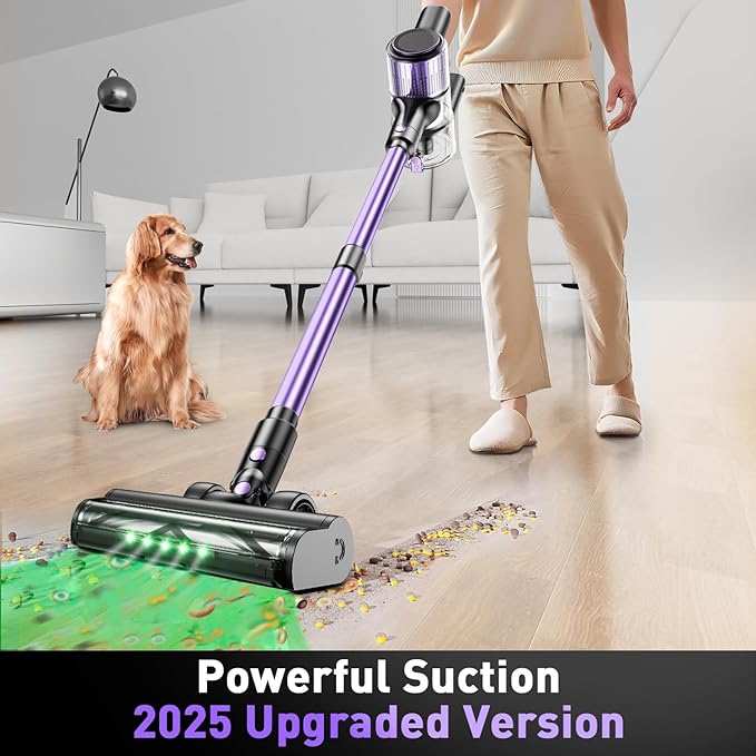 Cordless Vacuum Cleaner 10-in-1 Stick Vacuum with Powerful Suction Hose Anti-Tangle Brush Green LED Light 45Kpa Lightweight Rechargeable Vacuum Cleaner for Home Hardwood Floors Carpets (Violet)