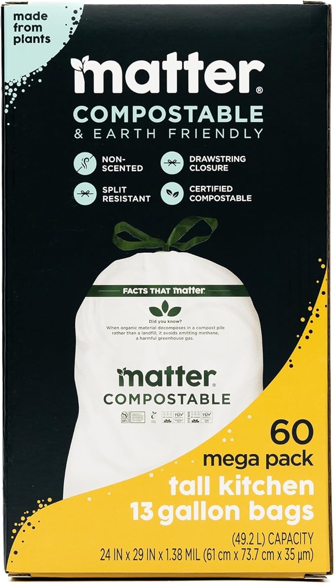 Matter Compostable 13 Gallon Tall Kitchen Trash Bags with Drawstring Eco-Friendly Unscented Durable Leak-Resistant 60 Count