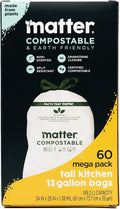 Matter Compostable 13 Gallon Tall Kitchen Trash Bags with Drawstring Eco-Friendly Unscented Durable Leak-Resistant 60 Count