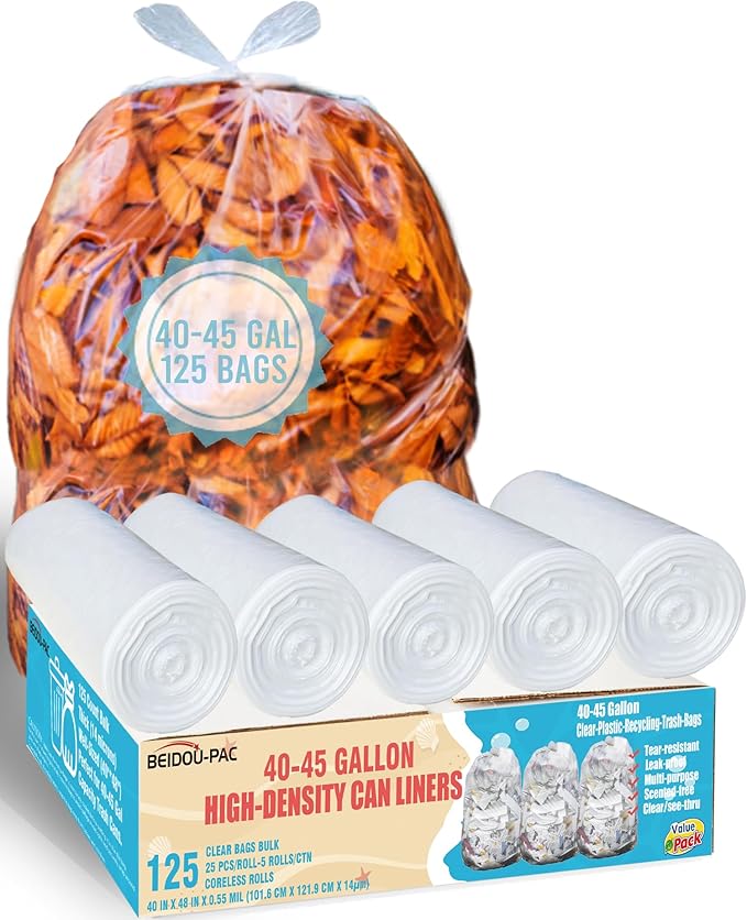 40-45 Gallon Lawn &amp Leaf Trash Bags 125 Count Heavy Duty Clear Plastic Recycling Bags Unscented