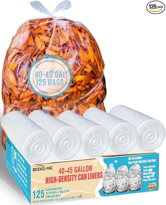 40-45 Gallon Lawn &amp Leaf Trash Bags 125 Count Bulk Heavy Duty Clear Plastic Recycling Bags Multi-purpose Garbage Bags for Home Commercial Outdoor Construction Industrial