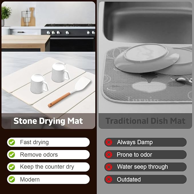 Large Stone Dish Drying Mat for Kitchen Counter 24×16 Dish Drying Mat Fast Water-Absorbing Diatomaceous Earth Non-Slip Stone Mat Multi-Purpose Foldable for Match Any Countertop