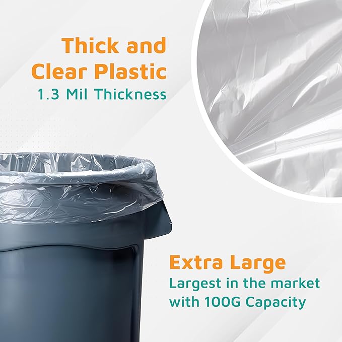 PlasticMill Heavy Duty Trash Bags - Clear Garbage Bags - Plastic Trash Bags for Large Rolling Trash Bins - Tall Trash Bags - 100-Gallon Large Kitchen Trash Bags 1.3 Mil 67x79 (10-Count)