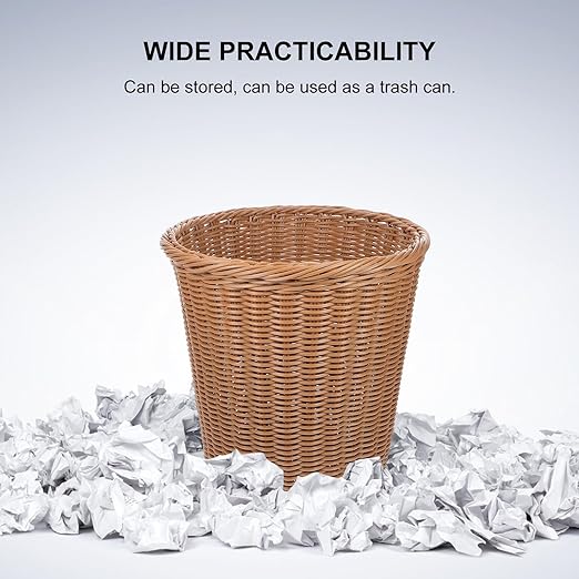 SAFIGLE Simulated Rattan Woven Wastebasket Rust-Resistant Iron Trash Can for Office Home Bedroom Handwoven Basket Without Lid Compact Stylish Decor in Beige