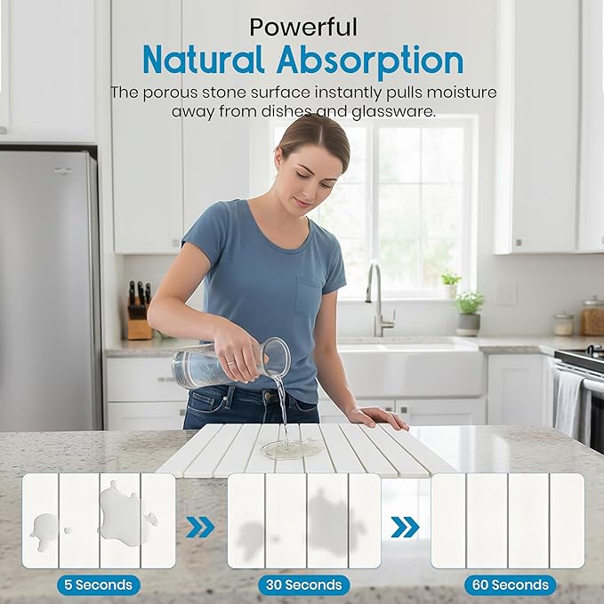Diatomaceous Earth Dish Drying Mat – 24 x 16 Inch Collapsible Dish Drying Rack Multipurpose Stone Bath Stone Mat Includes Sanding Tool Anti Slip Mat – Elegant and Functional Design