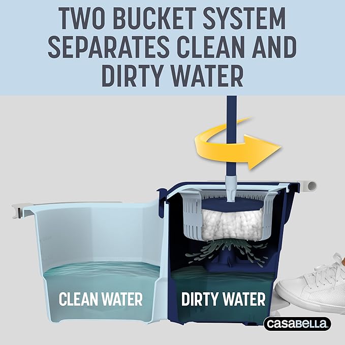 Casabella Spin Mop System with Extra Mop Head Refill - Two-Bucket Design with Splash Guard Built-in Measuring Cup and Scraper Tool with Easy Wring Pedal Spinner 1.25-Gallon Blue