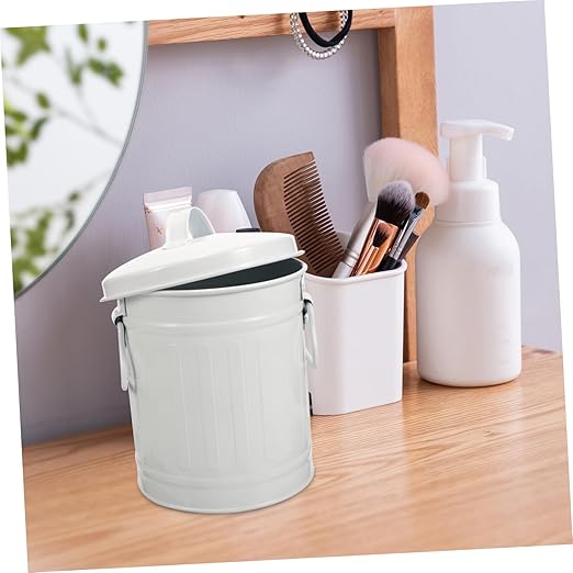 Tofficu Cartoon Trash Can for Desktop Metal Wastebasket Lid Handle for Home Office Living Small Iron Trash Bin