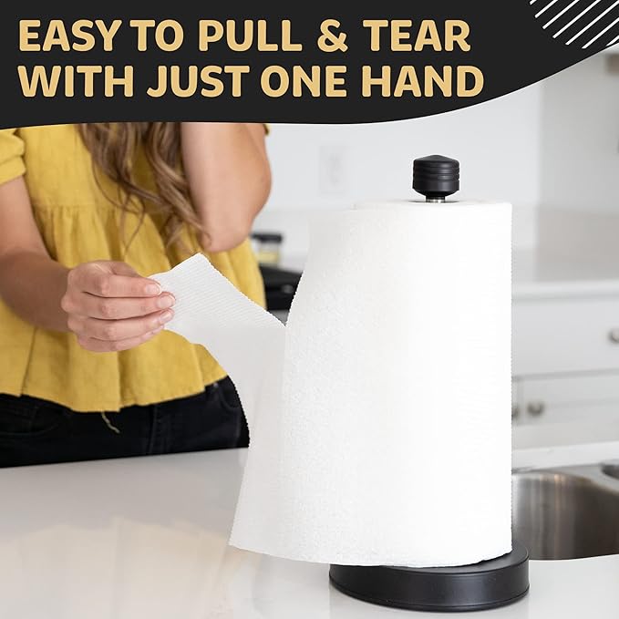 Heavy-Duty Stainless Steel Paper Towel Holder - Easy One-Handed Tear with Suction Cups - Modern Weighted Standing Countertop Dispenser for Kitchen - Holds All Paper Towel Rolls Black