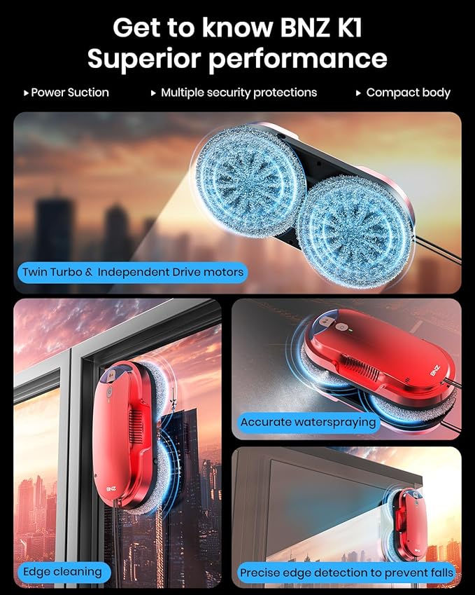 BNZ Smart Window Cleaning Robot Twin Turbo &amp Dual Auto-Spray Window Cleaner with Multiple Safety System AI Path Planning Frameless Edge Detection K1 (Ruby Red)