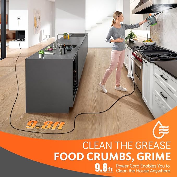 1250W Powerful Handheld Steam Cleaner with Detergent Container &amp Safety Lock + NixtClean EM-317 Window/Door Cleaning Tool Bundle - Multifunctional Pressurized Hand Held Steamer for Kitchen/Bathroo