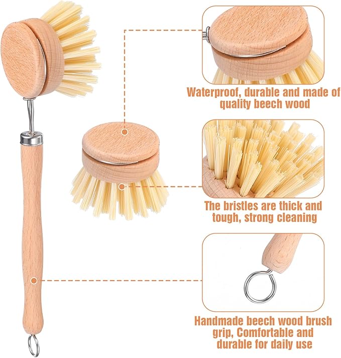 10 Pack Fiber Bristle 2-Inch All-Purpose Kitchen Dish Scrub Brush with Beechwood Handle - Dish Brush with Hooked Handle for Pots Pans and Kitchen Utensils - Made in Germany
