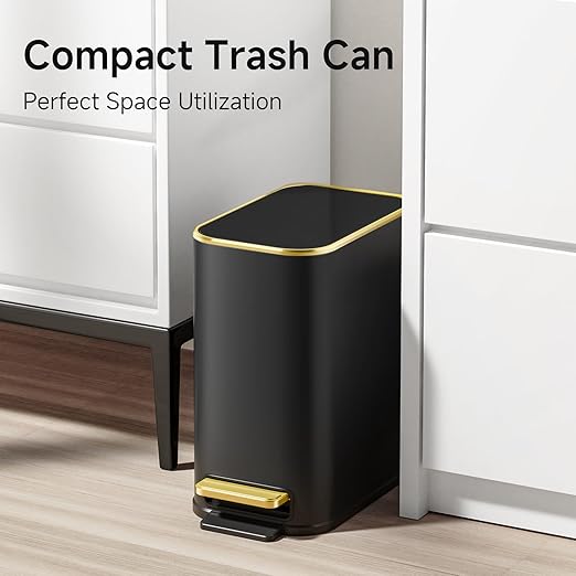 TIPGO Small Bathroom Trash Can with Lid Soft Close Step Pedal 5 Liter / 1.3 Gallon Stainless Steel Trash Bin Slim Garbage Cans for Toilet Office Bedroom (Black)