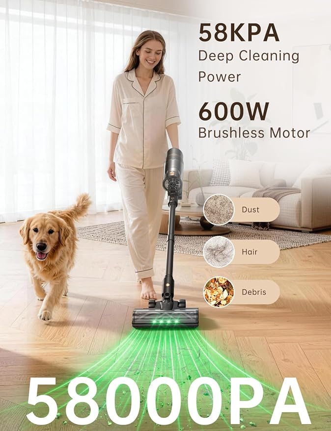 OXVAC Cordless Vacuum Cleaner 600W/58000Pa 65-Minute Run Time Cordless Stick Vacuum with Self-Cleaning Filtration System Freestanding Tangle-Free Suitable for Carpets/Floors/Pet Hair