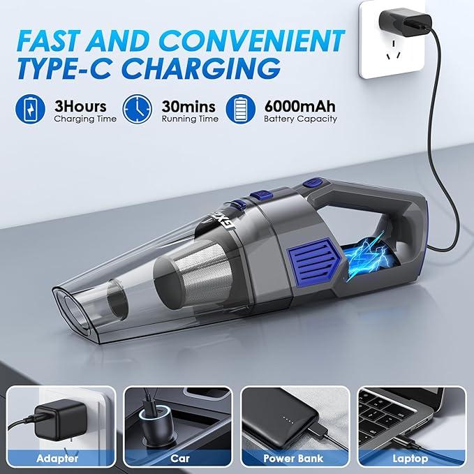 Handheld Vacuum Cordless 15000PA Strong Suction Hand Held Car Vacuum Cleaner Rechargeable Portable Hand Vacuum with Multi-Nozzles &amp Washable Filter for Home Office Car Pets