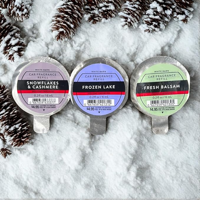 Bath &amp Body Works SNOWFLAKES &amp CASHMERE FROZEN LAKE &amp FRESH BALSAM Car Fragrance Refill 3-Pack – 0.2 fl oz Each – Winter &amp Holiday Scents – Gift set with 20-Inch Metallic Silver Ribbo