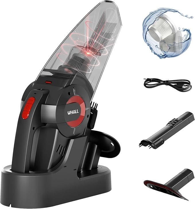 whall Handheld Cordless Car Vacuums Wet and Dry Use 9000Pa Strong Suction Vacuums Rechargeable Portable Vacuum Cleaner with LED Charging Dock Lightweight Mini Vacuum for Car Home and Office Red