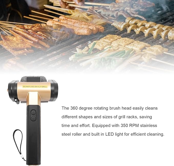 Electric Grill Cleaner Cordless Rechargeable BBQ Accessories Scrubber Brush with 350 RPM Stainless Roller LED Light Spinning Grill Cleaning Scrub Brush for BBQ Grates (Black)