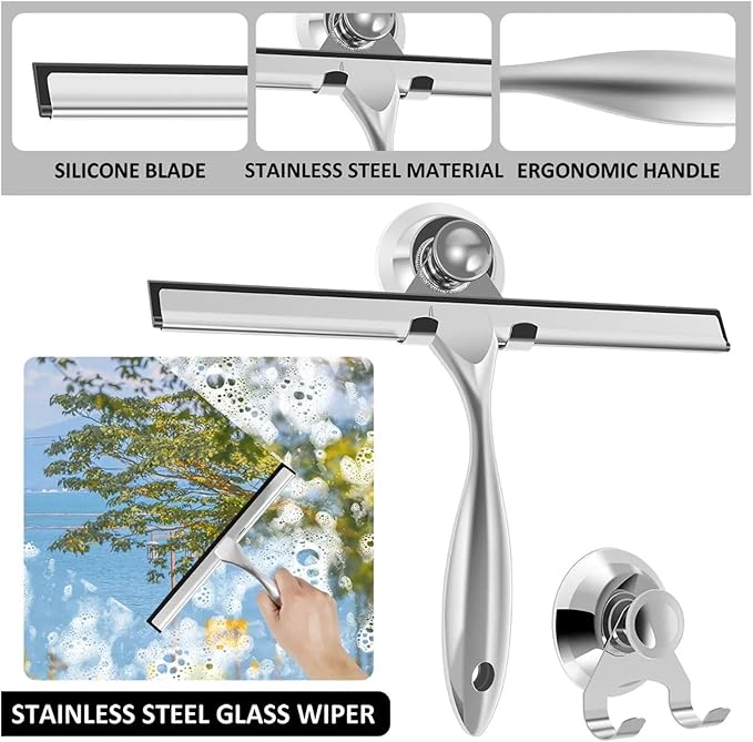 2pcs Stainless Steel Shower Squeegee with Suction Cup Window Glass Multi-Purpose Cleaning Tool