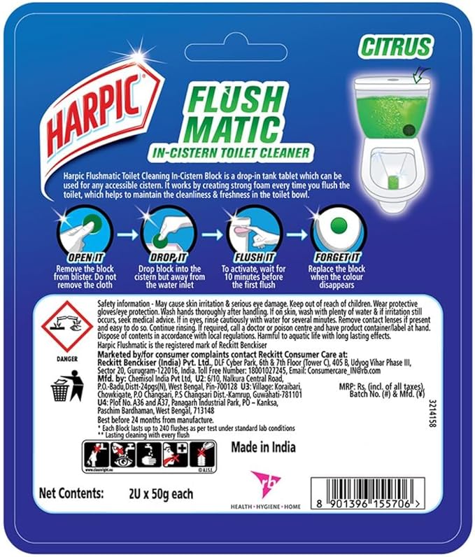Harpic Flushmatic In-Cistern Toilet Cleaner Blocks Citrus - 100 g (Pack of 3) | Lasts Upto 240 Flushes