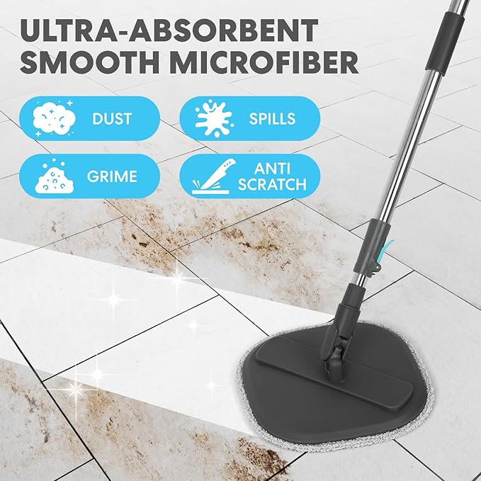 Simpli-Magic 360° Square Spin Mop and Bucket System – Dual Compartment Separate Clean &amp Dirty Water – 3 High-Absorbent Microfiber Washable Heads – All Types Floor Cleaning