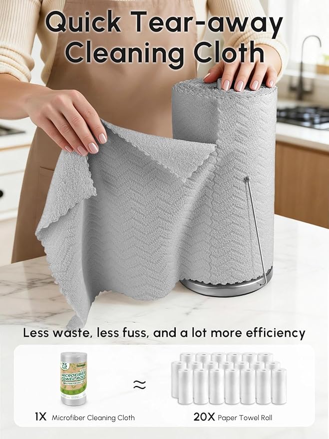 Microfiber Cleaning Cloths Roll 75 Pack Tear Away Microfiber Towels Roll 12 x 13 Lint Free Rags Reusable Cleaning Cloths Washable Scratch FreeUltra Absorbent Dish Rags(Grey Ripple)
