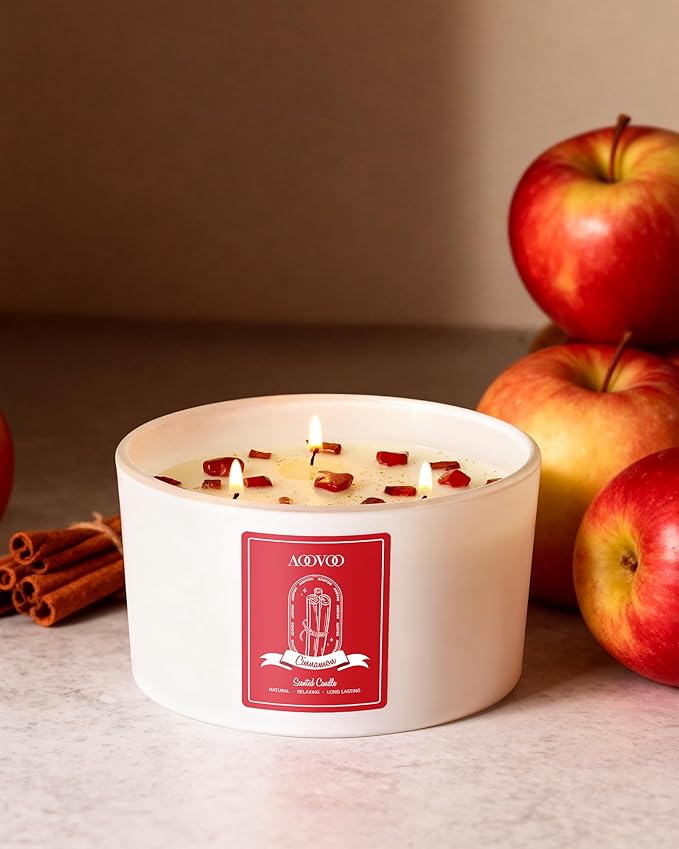 AOOVOO Apple Cinnamon Scented Candles for Women - 20oz 3 Wick Soy Candles for Home Scented Aromatherapy Candle with Crystals Inside Birthday Gifts Valentines Day Candle for Women Mom
