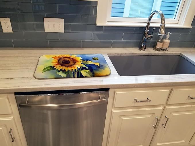 Caroline's Treasures DAC1613DDM Sunflowers in Watercolor Dish Drying Mat Absorbent Dish Drying Mat Pad for Kitchen Counter Dish Drainer Mat for Countertop 14 x 21 Multicolor