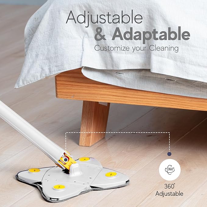 Magic Mop w/ Adjustable Long Handle and 2 Replacement Pads 360° Rotatable Multi Purpose Cleaning Mop (White)