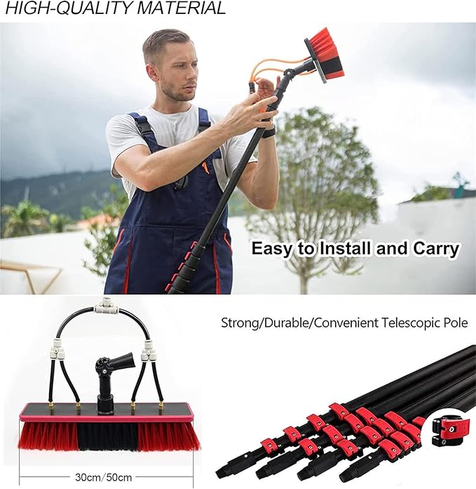 Water Fed Window Cleaning Pole 12 Foot Long with 20m Water Supply hosee and Soap Dispenser Telescopic Hose Fed Gutters Conservatory Extendable Extended Brush Kit teles