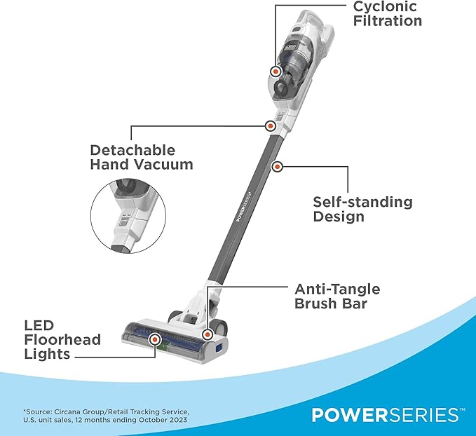BLACK+DECKER POWERSERIES 16V MAX Stick Vacuum Cordless Rechargeable with LED LightsPortable Vacuum Cordless Lightweight Anti-Tangle Self-Standing Multi-Surface White (BHFEA420J)