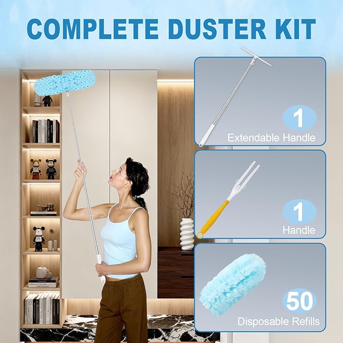 50Pcs Duster Refill Compatible with Swiffer Hand Duster +4FT Extended Handle +1 Handle 360° Heavy Duty Duster Refills Kit for Cleaning Office Ceiling Fan Baseboard &amp Blind
