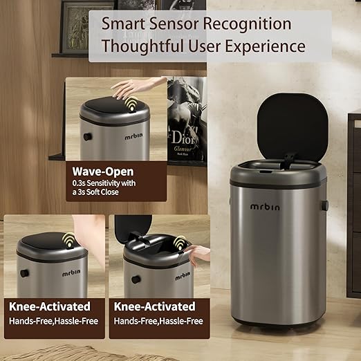 MRBIN Stainless Steel Adsorption Motion Sensor Trash Can Removable 18L / 4.8gal Automatic Absorbing Bag Lidded Garbage Bin with Wheels Waste Basket for Kitchen Bathroom Eclipse Grey