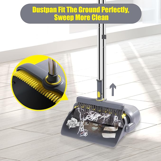 Broom and Dustpan Set with 54 Long Handle Windproof Stand-Up Dustpan &amp Broom Combo with 8-Piece Cleaning Tool Kit for Home Kitchen Office &amp Pet Hair Cleaning