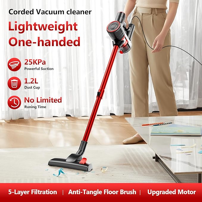 Corded Stick Vacuum Cleaner 25Kpa Powerful Stick Vacuum 2 in 1 Vacuum Cleaners1.2 L Dust Cup Corded Handheld Vacuum Pet for Hair Short-Pile Carpet Hardfloor (Red)