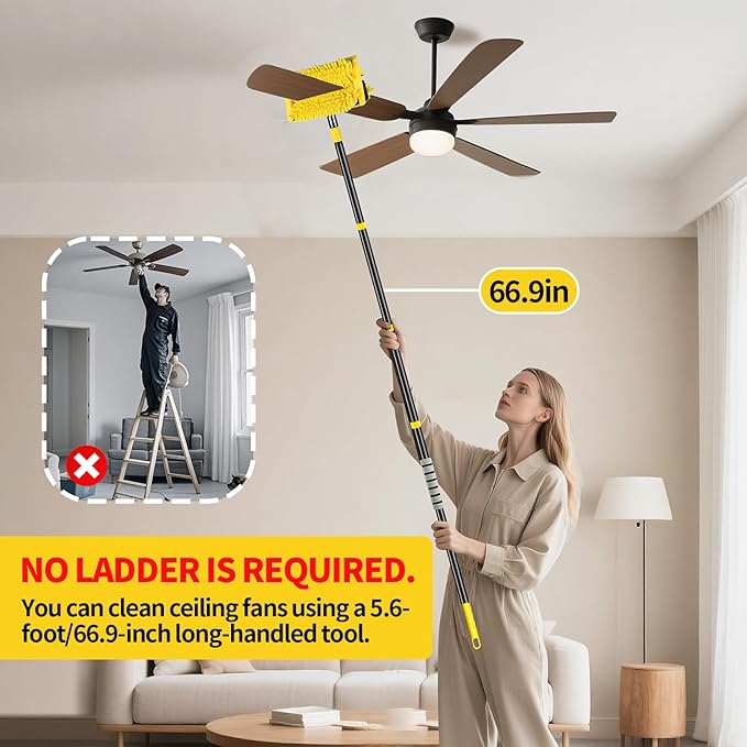 High Ceiling Fan Cleaner Duster for Fans Blades Cleaner with 78.7in Extension Pole Extra Long Handle Cleaning ToolReusable Chenille &amp Microfiber Mop Head for Baseboard Wall Floor Window Glass Wip