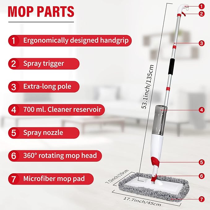 Spray Mops for Floor Cleaning Microfiber Spray Cleaning Mop Kit with 3 Reusable Washable Pads 700ML Refillable Bottle and Scrubber Flat Mop with 360 Degree Swivel Head for Hardwood Laminate (Grey)