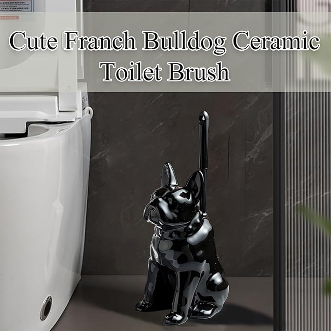 2026 Ceramic Dog Toilet Brush Holder Set French Bulldog Design with 2PCS Durable Plastic Brush Modern Bathroom Accessories (Black)