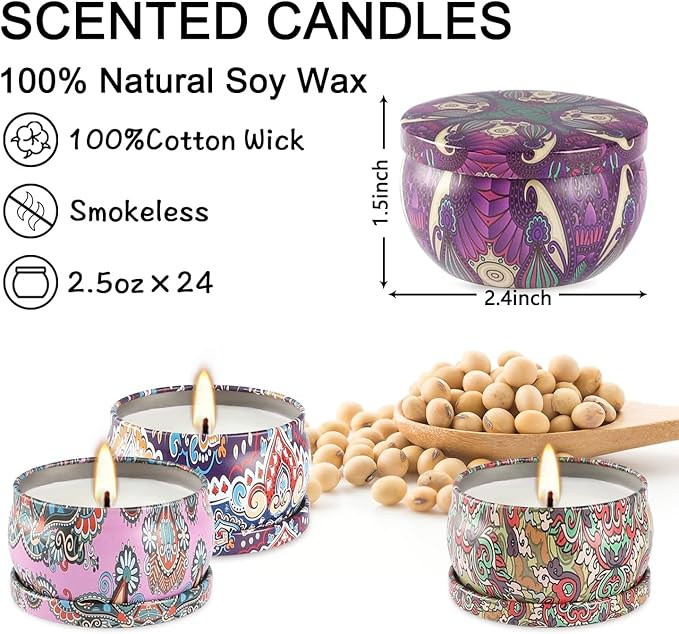 24 Pack Scented Candles Set for Home Relaxing Stress Relief Aromatherapy - Natural Soy Wax and Fragrance - Gifts for Women Mom Best Friend Wife Birthday