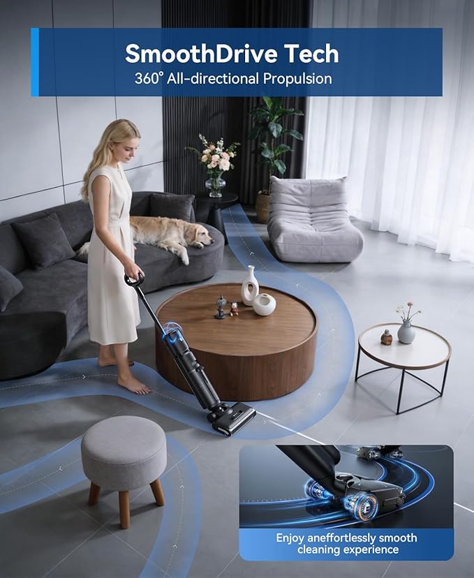 Redroad Wet Dry Vacuum Cleaner22KPa Wet Dry Vacuum Mop with Self-CleaningCordless Vacuum Mop All in OneUp to 75 Mins RuntimeOne-Step Self CleaningAnti-Tangle DesignSmoothDrive TechLightweight