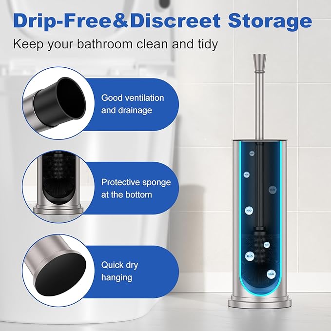 Toilet Brush and Holder Set：304 Stainless Steel Heavy Duty Toilet Bowl BrushRemovable Inner Bowl and Splash ProtectionBathroom Toilet Brush-Dense Bristles for Through Cleaning