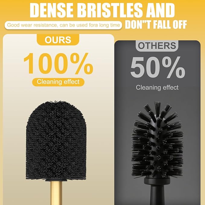 BESy Toilet Brush and Holder Toilet Cleaner Bowl Set with Two Brush with Extra Long Handle Durable Bristles Toilet Scrubber and Covered Holder Drip-Proof Stainless Steel Brushed Gold