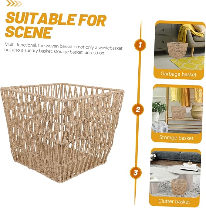 OUNONA Handwoven Trash Can Openwork Design Natural Woven Wastebasket for Home Office and Bathroom Storage