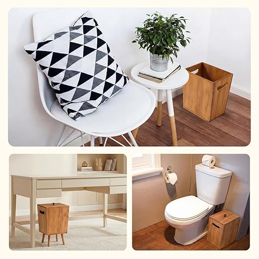 Ctosree 3 Gallons Wooden Wastebasket with Lid Wood Trash Can with Handles and Legs Rectangular Garbage Bin for Bedroom Bathroom Kitchen Living Room Office Decorative