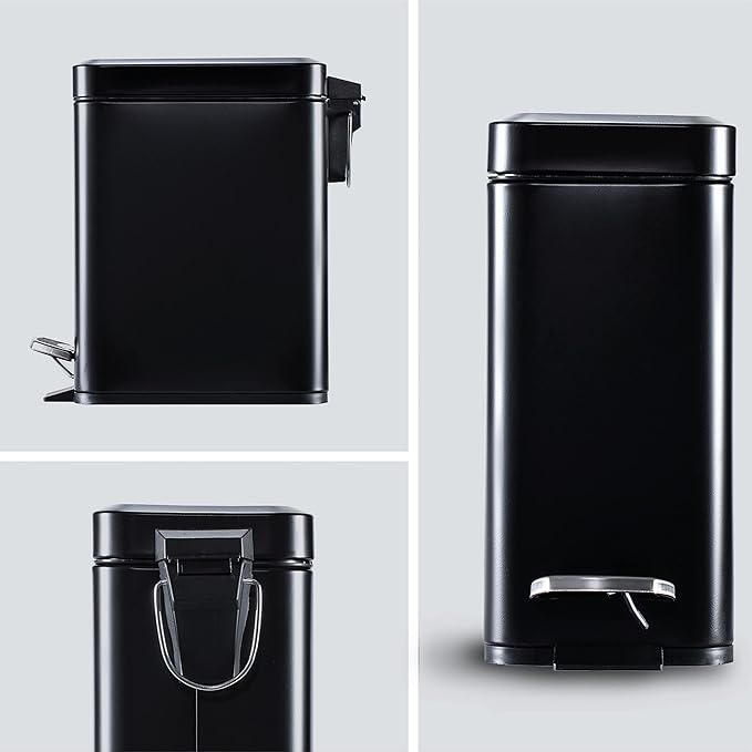 Home Zone Living 1.3 Gallon Small Bathroom Trash Can with Lid and Step Pedal Stainless Steel Wastebasket with Slim Design for Home and Office Matte Black 5 Liters