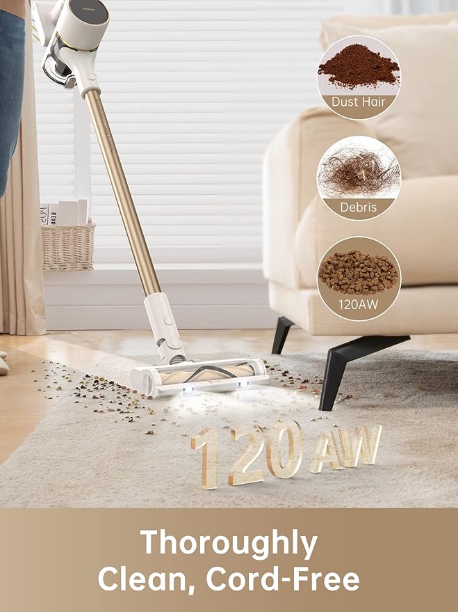 DREAME Cordless Stick Vacuum Cleaner for Home Powerful 120AW Suction with Anti-Tangle Brush LED Headlights Five-Layer Filtration Up to 60 Mins Handheld Vacuum Deep Clean Hair Hard Floor Carpet