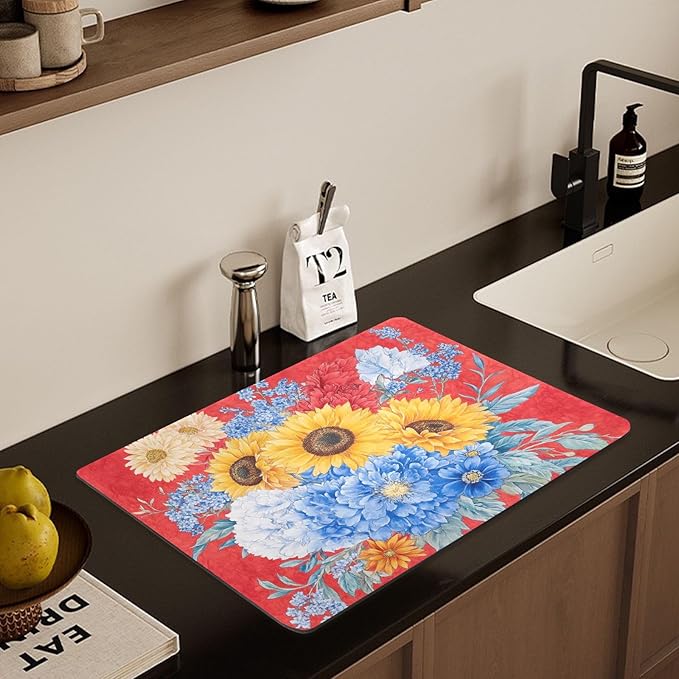 Spring Flowers Sunflower Cornflower Red Drying Dish Mat Absorbent Diatomaceous Earth Mat Dish Mat Drying Non-slip Kitchen Drainer Mat Kitchen Counter