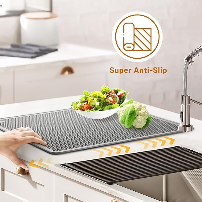 Large 20x15 Dish Drying Mat for kitchen Counter | Super Absorbent Food-Grade Silicone Double-Layer Design Non-Slip &amp Easy to Clean | Drainer Pad for Sink Coffee Machine &amp Drying Rack | G