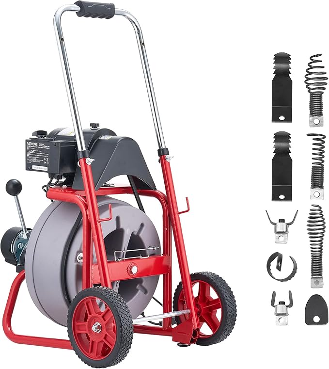 VEVOR Drain Cleaner Machine 75 FT x 3/8 Inch Auto Feed Sewer Snake Drain Auger on Wheels Portable Drain Cleaning Machine with 8 Cutters &amp Air-Activated Foot Switch for 2 to 4 Pipes