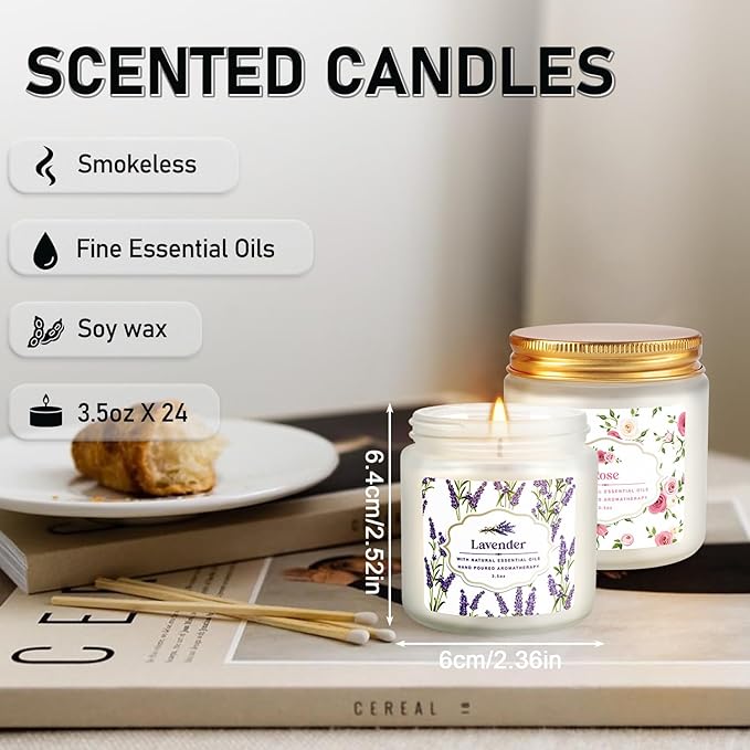 Scented Candle Set 24 PackWhite Candle for Home Scented Odor Eliminating Stress Relief Long Lasting Soy Wax Gift Set